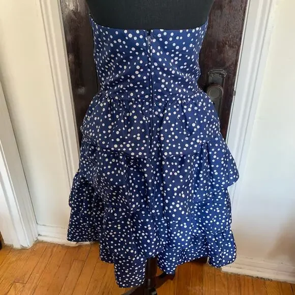 Vintage 80s Diamonds Run Blue Polkadot Tiered Cupcake Dress Strapless Sweetheart - Picture 5 of 5